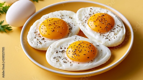 Three Sunny Side Up Eggs Seasoned With Black Pepper On A Yellow Plate