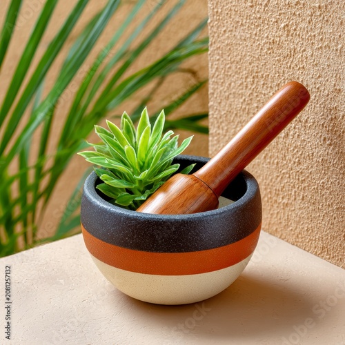 Small Speckled Ceramic Mortar And Pestle With Green Plant On Textured Beige Background