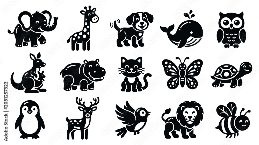 Fototapeta premium Cute Black and White Glyph Cartoon Animal Icons Set for Kids Education and Wildlife Themes
