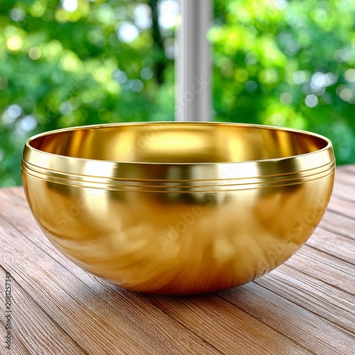 Shiny Gold Metal Singing Bowl Resting On Wooden Surface With Blurred Green Garden Background
