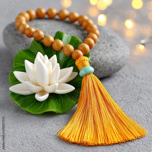 Zen Wooden Prayer Beads With Lotus Flower And Yellow Tassel On Stone Surface For Spiritual Healing