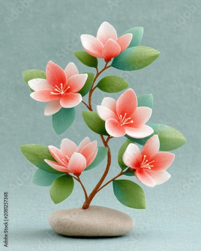 Delicate Beaded Pink Flower Bonsai Ornament With Green Leaves Set On A Small Grey Stone Base
