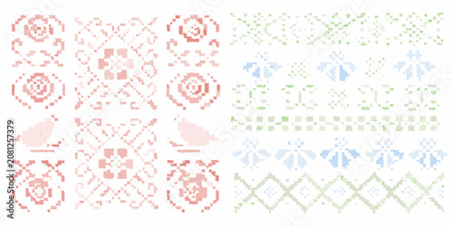 Photos pixelated cross stitch embroidery pattern on white background vintage stitching