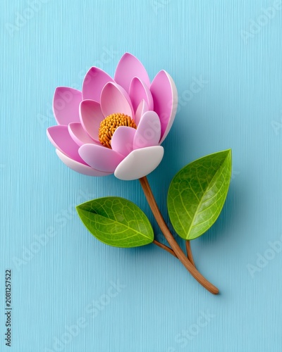 Single Pink Magnolia Flower With Green Leaves On A Light Blue Textured Wood Surface