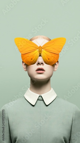 Surreal Portrait Of A Young Woman With A Bright Yellow Butterfly Covering Her Eyes On Green Background