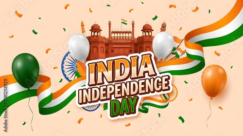 Festive horizontal banner for Indian Independence Day featuring the Red Fort monument, helium balloons, and a flowing tricolor ribbon.