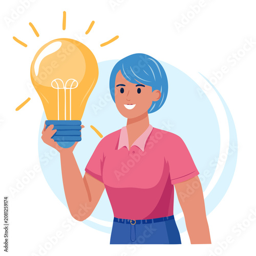 Woman holding light bulb, flat vector illustration