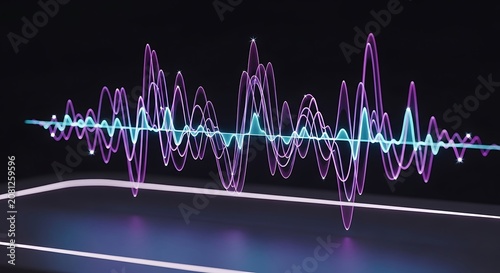 Abstract sound wave rendered with vibrant neon purple and cyan lines against a dark, reflective background.