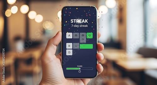 persons hand holds a smartphone with the STREAK app open, showing a 7-day streak and various habit tracking modules.