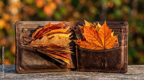 Brown leather wallet filled with colorful autumn leaves on wooden table