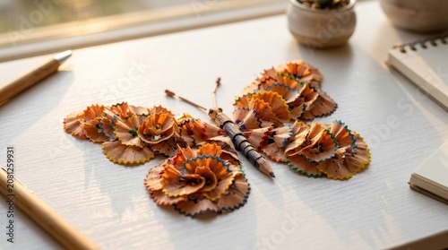 Butterfly made of colorful pencil shavings on a wooden desk at sunset