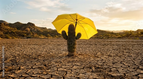 Cactus standing under a bright yellow umbrella in a dry cracked desert