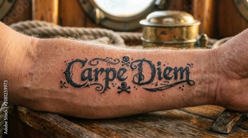 Carpe diem ink tattoo on a mans forearm with skull icons on a ship