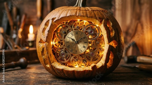 Carved pumpkin with internal mechanical clockwork gears on wooden table