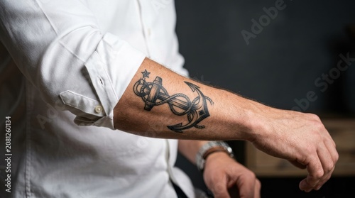 Close up of man wearing white shirt showing anchor tattoo on forearm