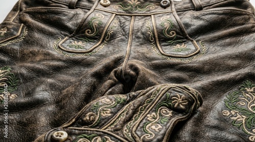 Close up view of authentic brown leather lederhosen with green embroidery