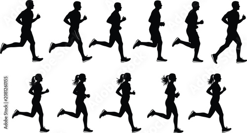 Tablou pe pânză Collection of male and female running silhouettes showing jogging motion sequenc