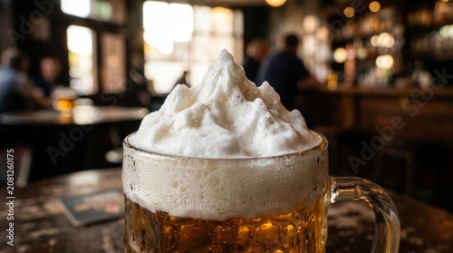 Cold beer mug with foam shaped like a mountain in a blurry pub bar