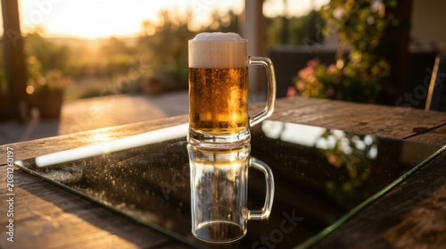 Cold glass of beer with foam on a mirror table at golden hour sunset