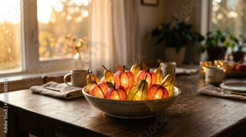 Decorative LED fruit lights in a bowl on a rustic dining table at sunset