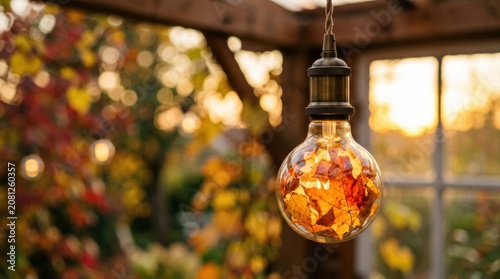 Decorative light bulb filled with autumn maple leaves hanging outdoors