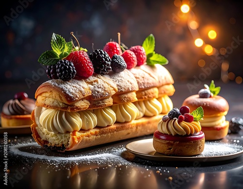 A pastry adorned with berries and cream on a sleek surface