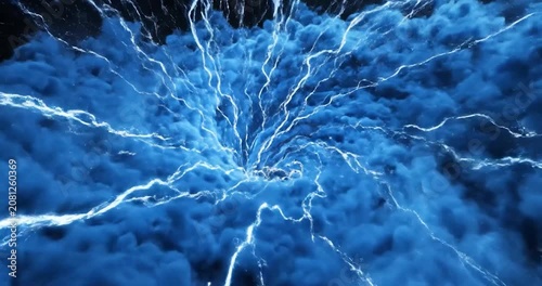 Electric blue lightning arcs spreading over dense clouds in dark space.