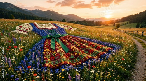 Dirndl dress shape made of flowers in an alpine meadow at sunset