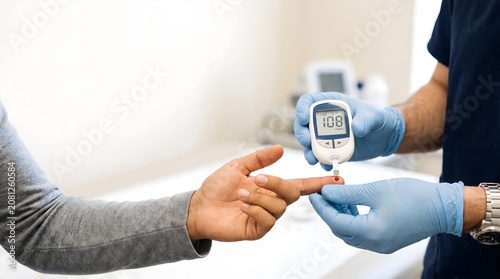 Healthcare worker holding blood glucose meter during finger prick test with patient hand