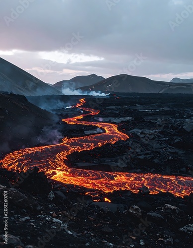 A river of lava flows through a dark volcanic landscape (1)