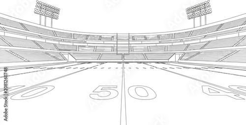 Architectural rendering of empty football stadium with visible yard lines and seating