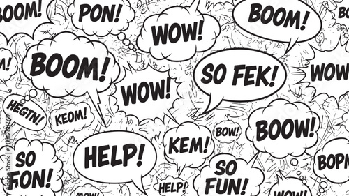 Seamless pattern of vintage comic book speech bubbles with onomatopoeia and exclamations black and white