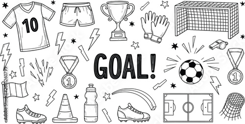 Doodle style soccer elements collection featuring jersey ball goal trophy and celebratory text