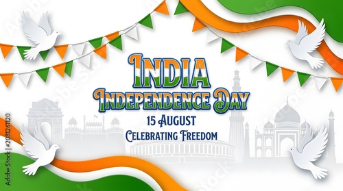 Elegant white background banner for India Independence Day decorated with white peace doves, tricolor bunting flags, and silhouettes of landmarks.