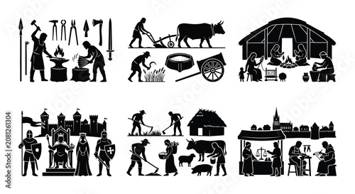 Fotografie Medieval life scenes black vector illustrations on a white background