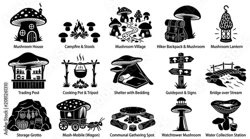 Black and White Glyph Icons of Mushroom Fantasy Village Objects