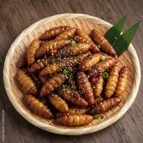 Golden-brown fried bamboo worms  are served in a bamboo basket. This traditional delicacy is seasoned with green onions, red chili slices, and a sprinkle of spices, highlighting its texture and flavor