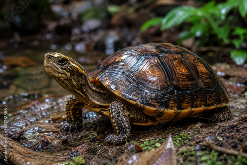 Southeast Asian Box Turtle (Cuora amboinensis) Near Forest Stream in Tropical Wetland Habitat