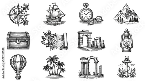 Hand-drawn vintage travel and adventure sketch icons set