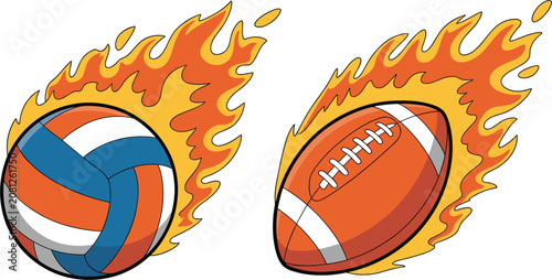 фотографія Volleyball and american football on fire vector set, featuring blazing flame tra