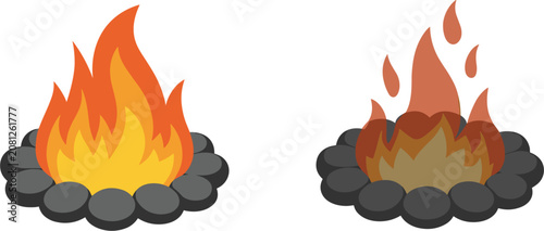 Fotografía Camping campfire vector illustration set, featuring blazing orange bonfire flame