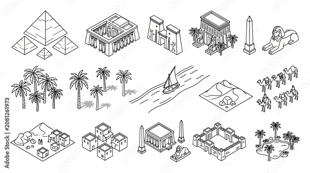 Obraz premium Ancient Egypt Isometric Icons: Pyramids, Sphinx, Camels, Palm Trees, Nile River