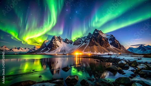 A serene landscape of snow-capped mountains under the aurora borealis (13)