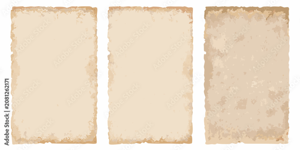 Fototapeta premium three vertical sheets of vintage parchment paper on white background old antique grungy texture beige color