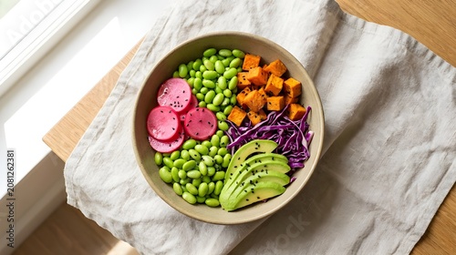 Makanan Sehat Veggie Bowl dengan Edamame Alpukat Ubi Jalar dan Kubis Ungu