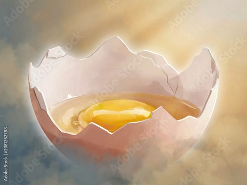 Broken Eggshell with Raw Egg Yolk on White Background Minimal Food Concept