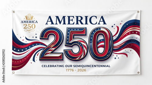 America 250 semiquincentennial celebration banner, patriotic 250th anniversary flag with stars and stripes, red white and blue commemorative signage