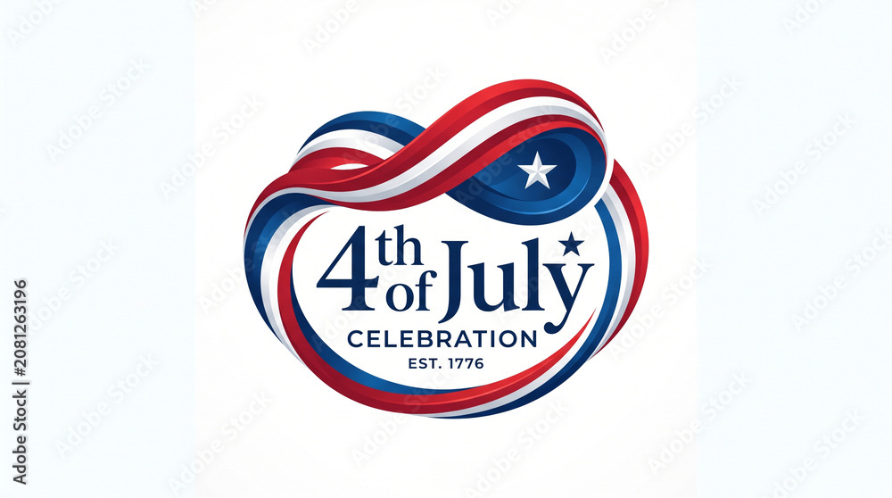 Obraz premium Patriotic 4th of July celebration logo, American Independence Day badge with red white and blue ribbons, United States holiday emblem