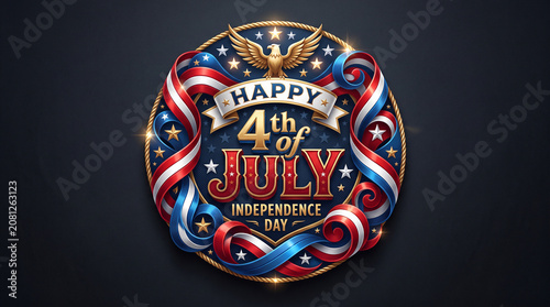 Happy 4th of July Independence Day badge, patriotic American eagle emblem with red white and blue ribbons, ornate gold holiday seal on dark background