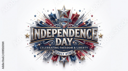Independence Day 4th of July typographic emblem, patriotic American holiday celebration badge, metallic silver and red blue stars design